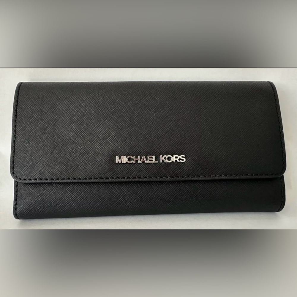 Michael Kors Jet Set Travel Large Trifold Wallet Black Saffiano Leather